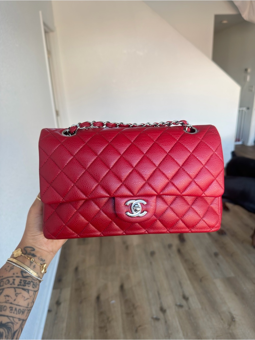 Medium CHANEL Double Flap Red with Silver Hardware